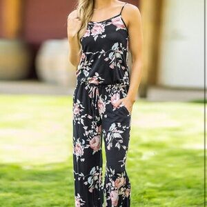 Black Floral Spaghetti-Strap Wide-Leg Jumpsuit - Pink Rose Print